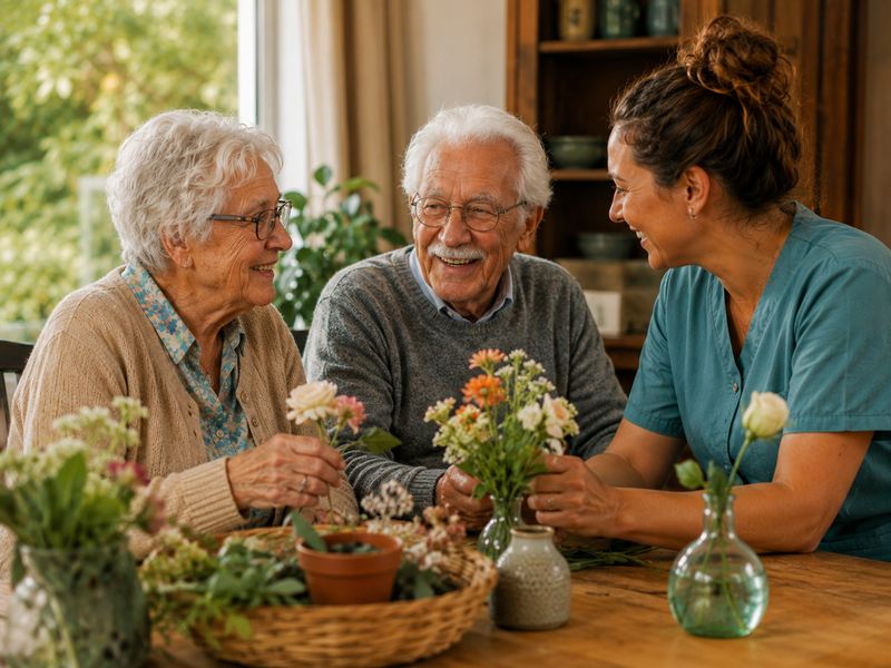 zorgmoment met ouderen en bloemen - Maria-Oord